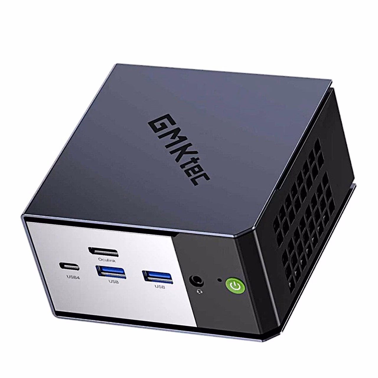 Miniarvuti GMKtec K16 eest nurga alt, hõbedane esipaneel USB-C, OCuLinki ja USB-pordiga