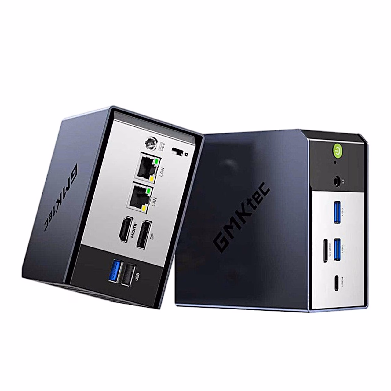 GMKtec K16 miniarvuti tagapaneel kahe RJ45-pordiga ja teise seadme esipaneel