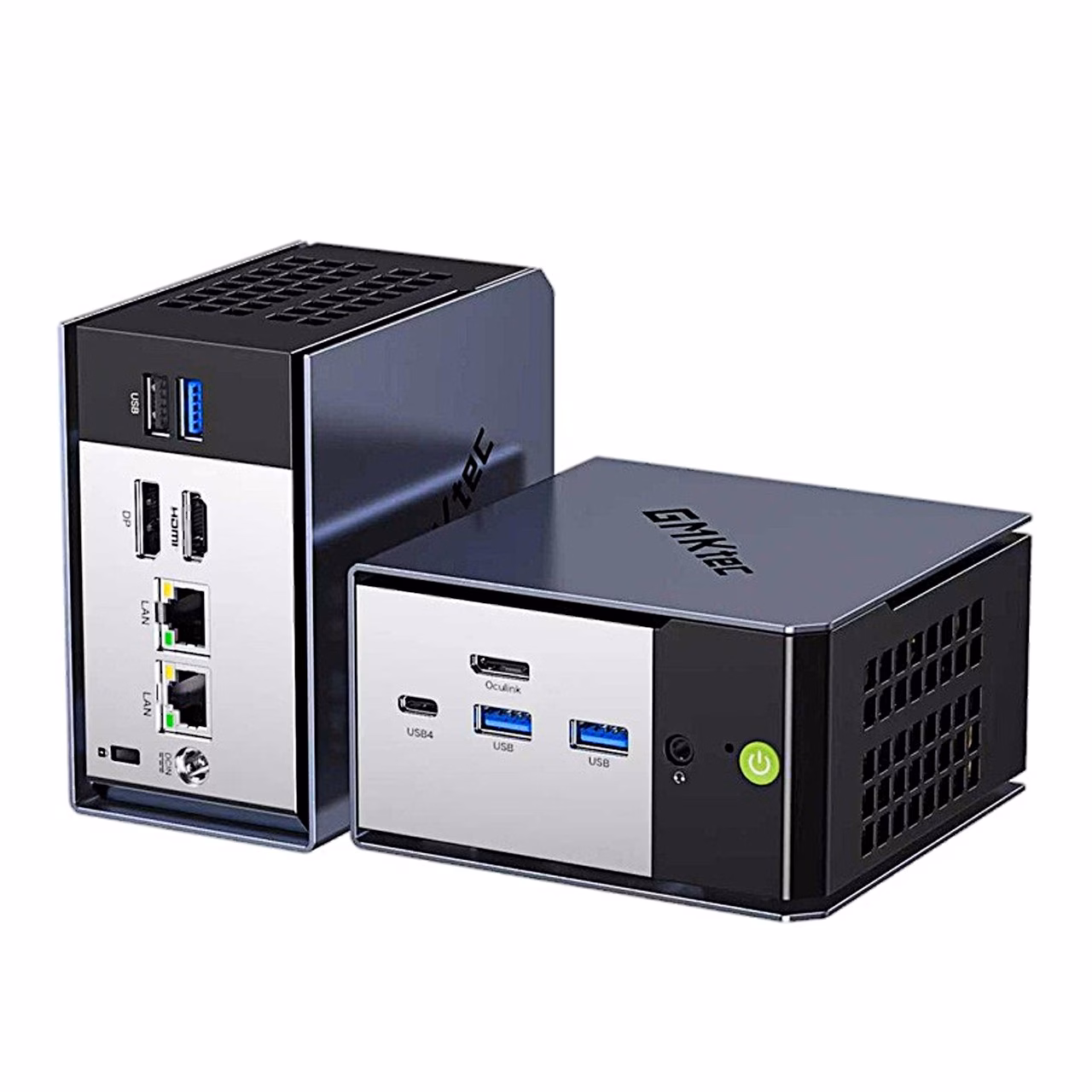 Kaks GMKtec K16 miniarvutit: taga DisplayPort, HDMI ja kaks LAN-porti, ees USB4 ja OCuLink