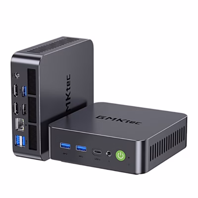Miniarvuti GMKtec K17 esi- ja tagapaneel: ees USB4, taga kaks HDMI-porti ja RJ45