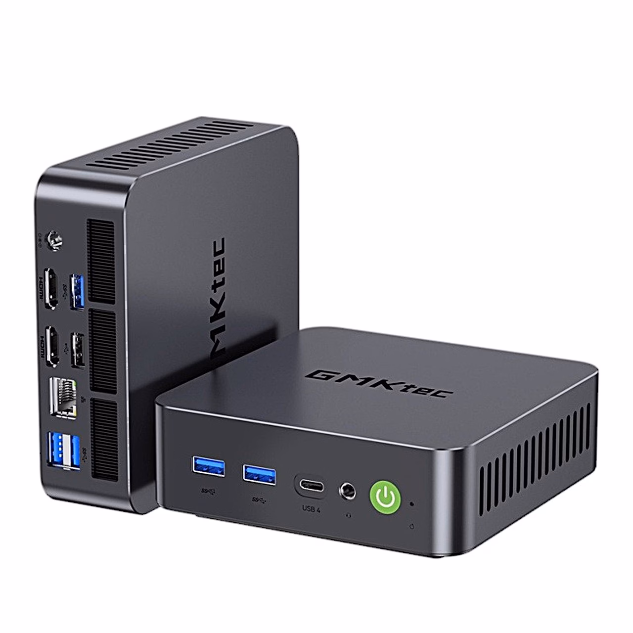 Miniarvuti GMKtec K17 esi- ja tagapaneel: ees USB4, taga kaks HDMI-porti ja RJ45