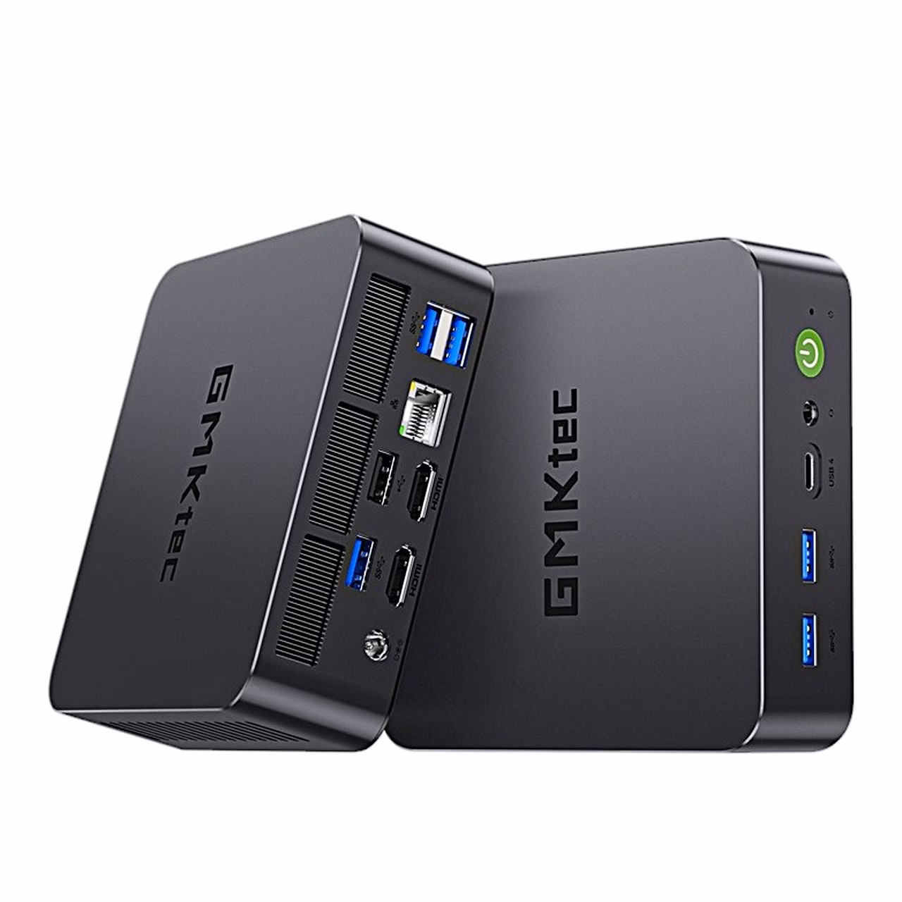 GMKtec K17 miniarvuti ülalt nurga alt, esipaneelil USB-pordid ja toitenupp