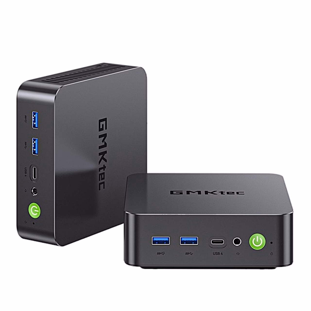 Väike lauaarvuti GMKtec K17 püsti ja pikali, esipaneeli USB4-port ja kõrvaklapipesa