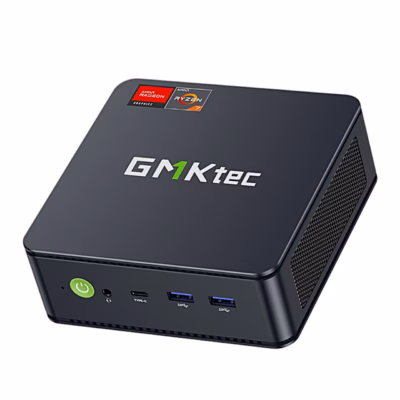 Miniarvuti GMKtec M5 Ultra eestvaates toitenupu, USB-C- ja USB-A-portidega