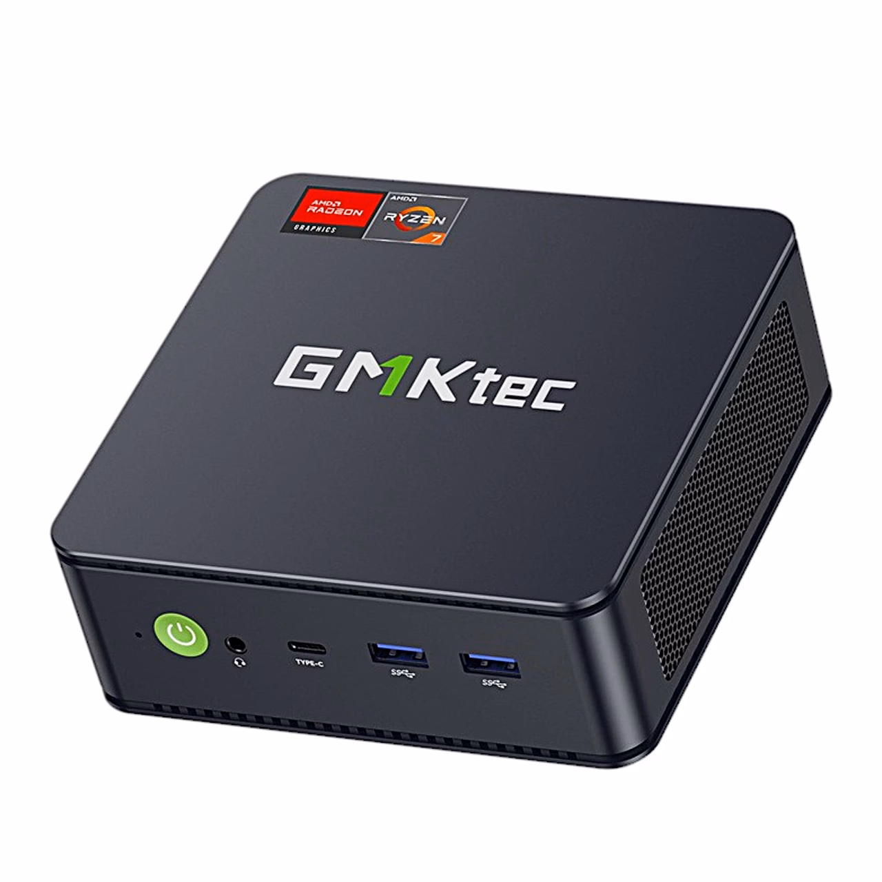 Miniarvuti GMKtec M5 Ultra eestvaates toitenupu, USB-C- ja USB-A-portidega