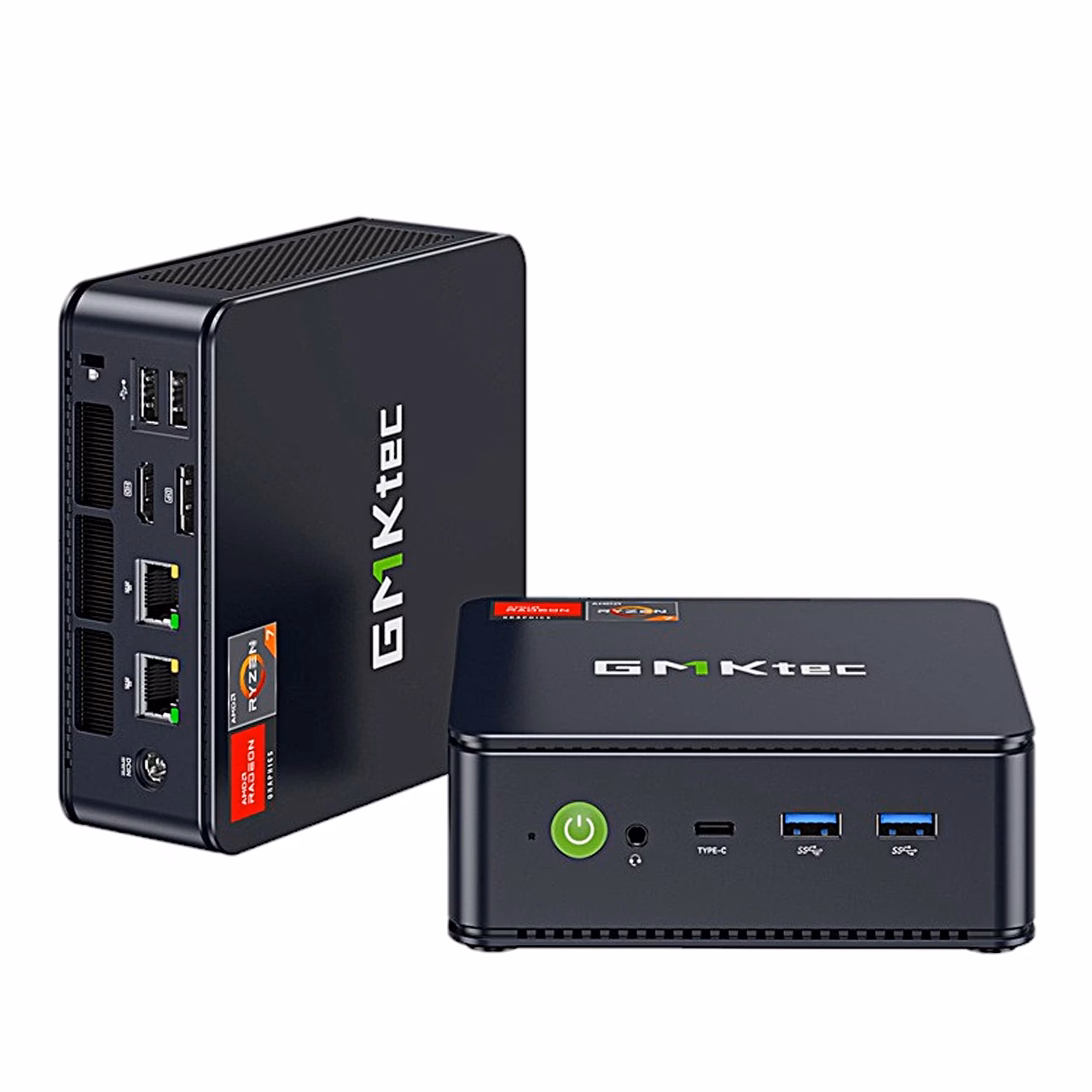 Püstise GMKtec M5 Ultra tagapaneel ja pikali asetatud esipaneel USB-portidega
