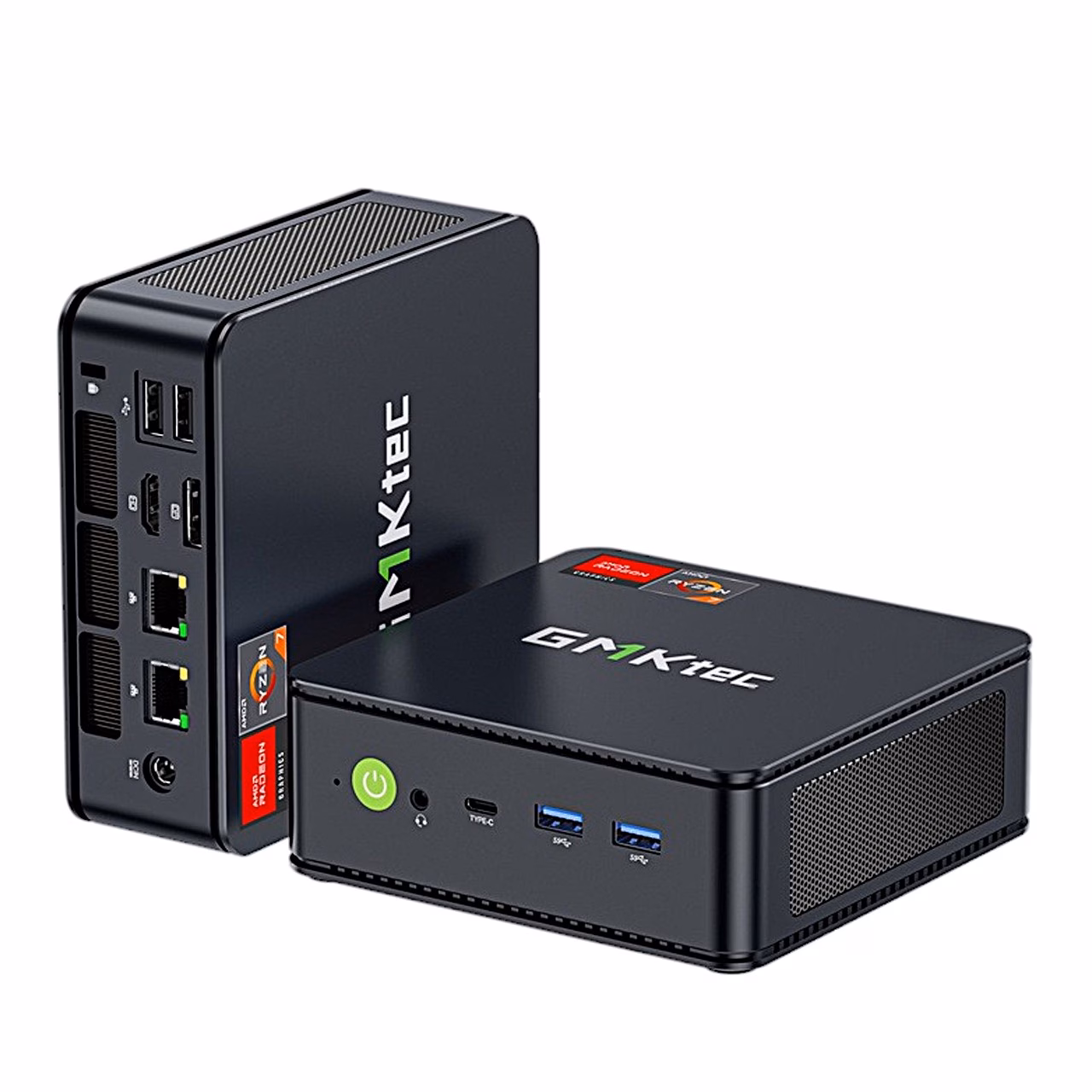 GMKtec M5 Ultra miniarvuti esi- ja tagapaneel, taga kaks RJ45-porti, HDMI ja DisplayPort