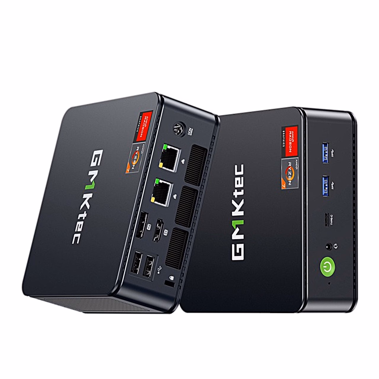 GMKtec M5 Ultra tagapaneel nurga alt: kaks RJ45-porti, USB-pordid ja toitepesa