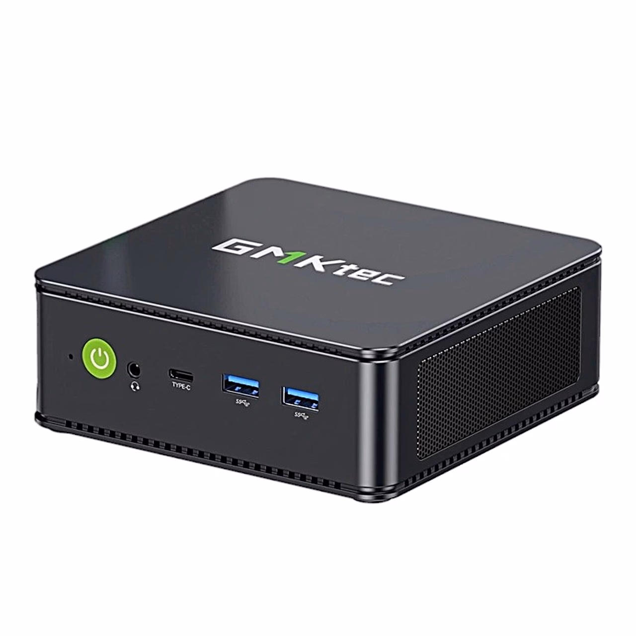 Miniarvuti GMKtec M5S esikülg toitenupu, USB-C ja kahe USB-A pordiga