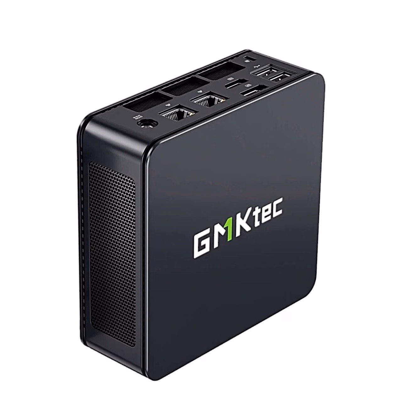 GMKtec M5S püsti asendis, ülal tagapaneeli võrgu- ja USB-pordid