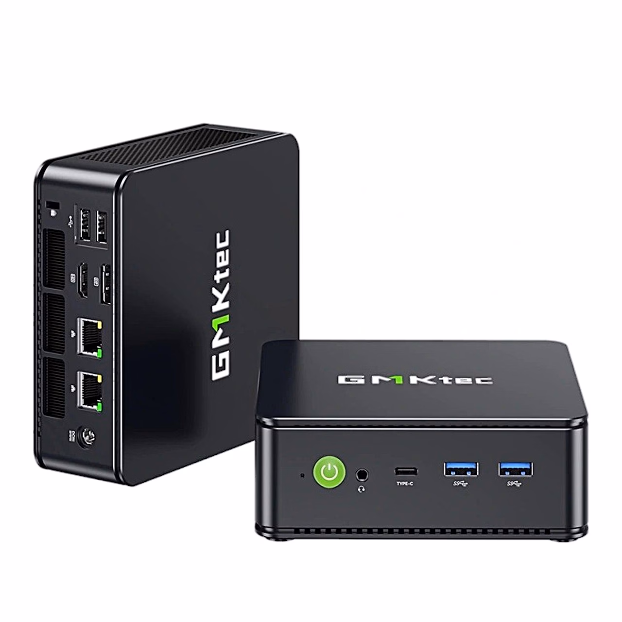 Kaks mini-PC GMKtec M5S korpust, üks külgpaneeli portidega ja teine esiküljega