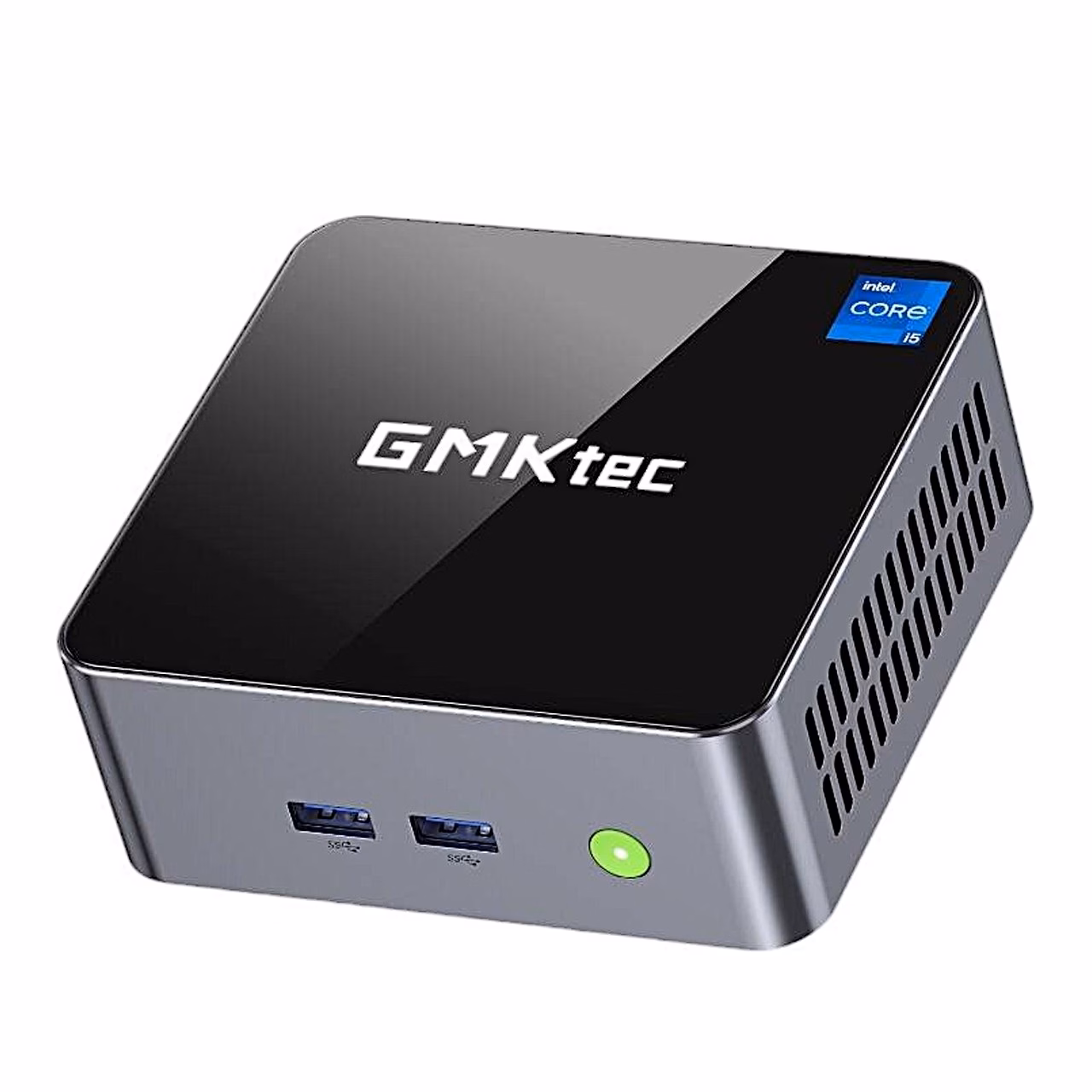 Miniarvuti GMKtec NucBox M3 ülalt nurga alt, läikiv must kaas ja esipaneeli pordid