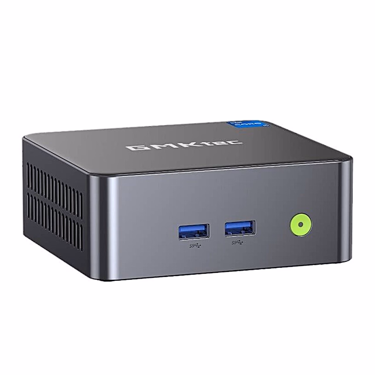 GMKtec NucBox M3 miniarvuti esikülg nurga alt, kaks USB-porti ja toitenupp