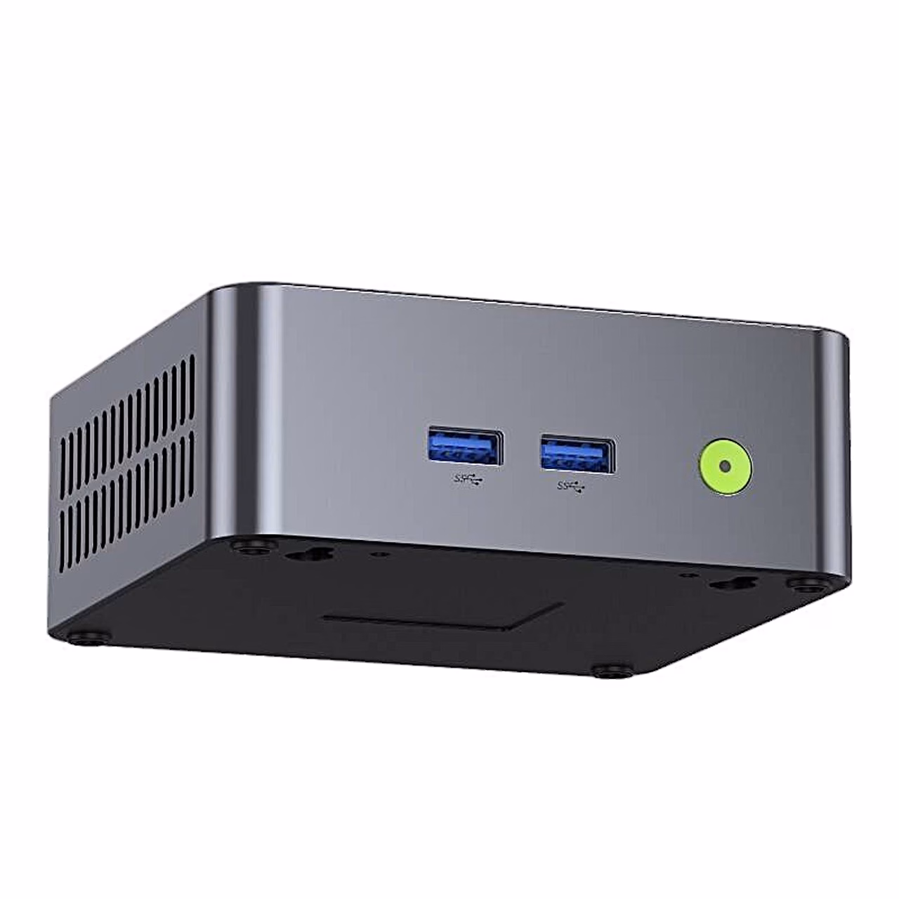 Miniarvuti GMKtec NucBox M3 alt nurga alt, põhjaplaat ja külje ventilatsiooniavad