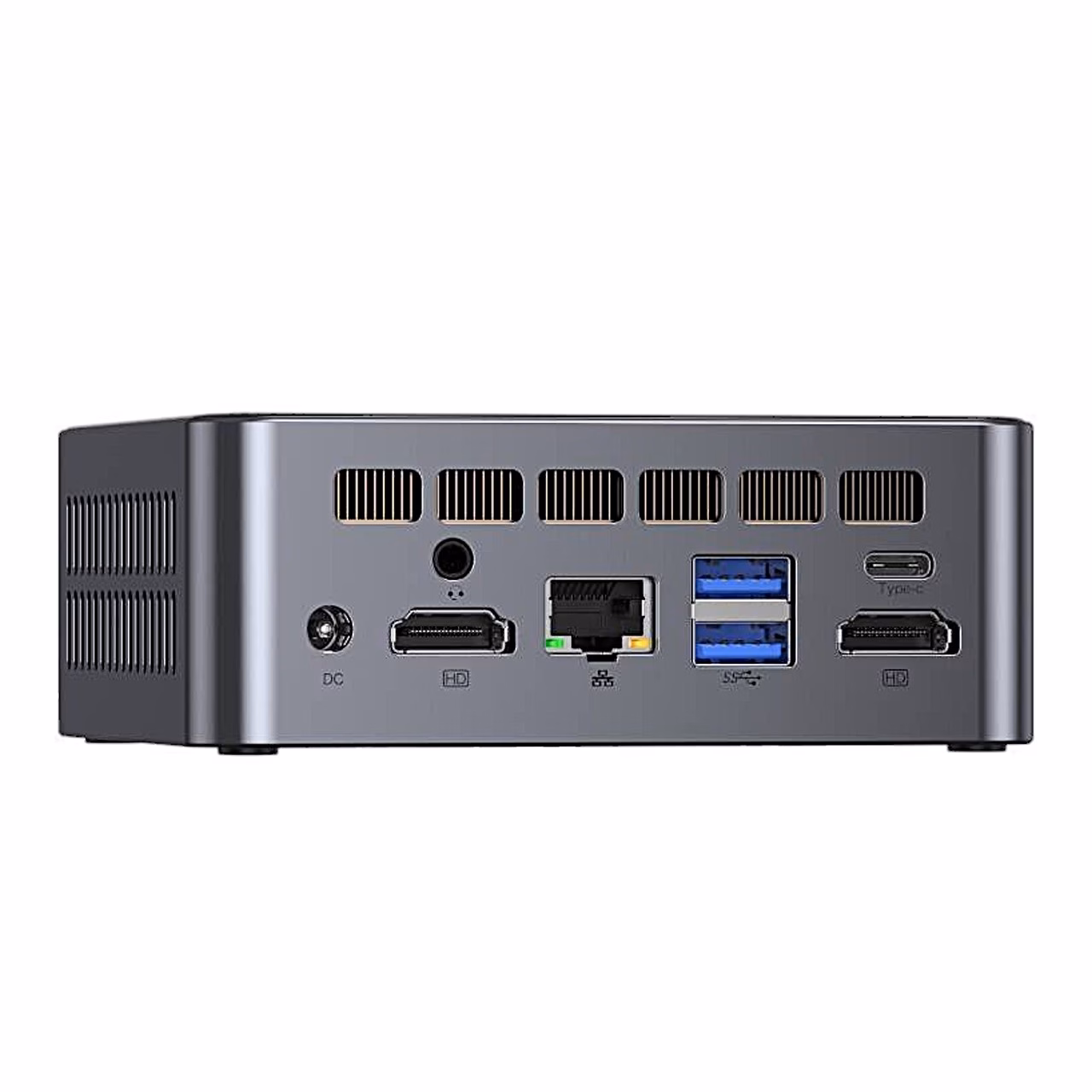 Miniarvuti GMKtec NucBox M3 tagapaneel: toitepesa, kaks HDMI-porti, RJ45, USB ja USB-C