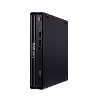 Miniarvuti Lenovo ThinkCentre M70q Gen 6 püstiasendis, vaade eest ja vasakult