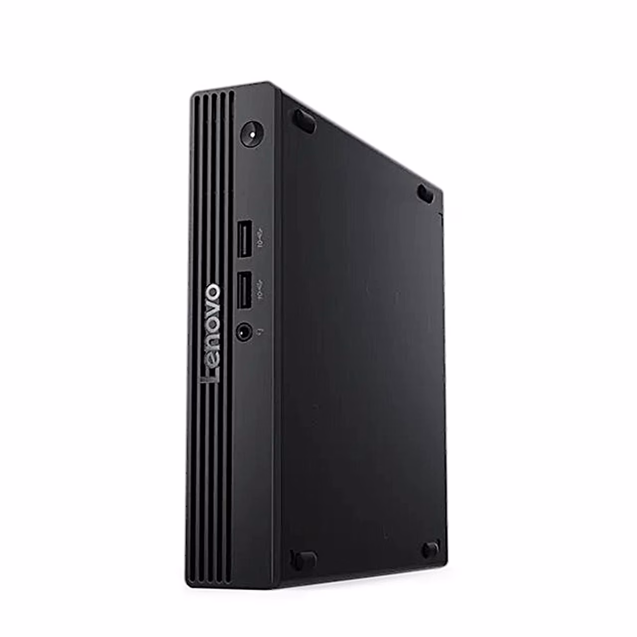 Miniarvuti Lenovo V100q püstiasendis, esikülg vasakul ja korpus paremale
