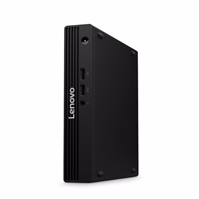 Must miniarvuti Lenovo V105q püstiasendis, esiküljel USB-pordid ja helipesa