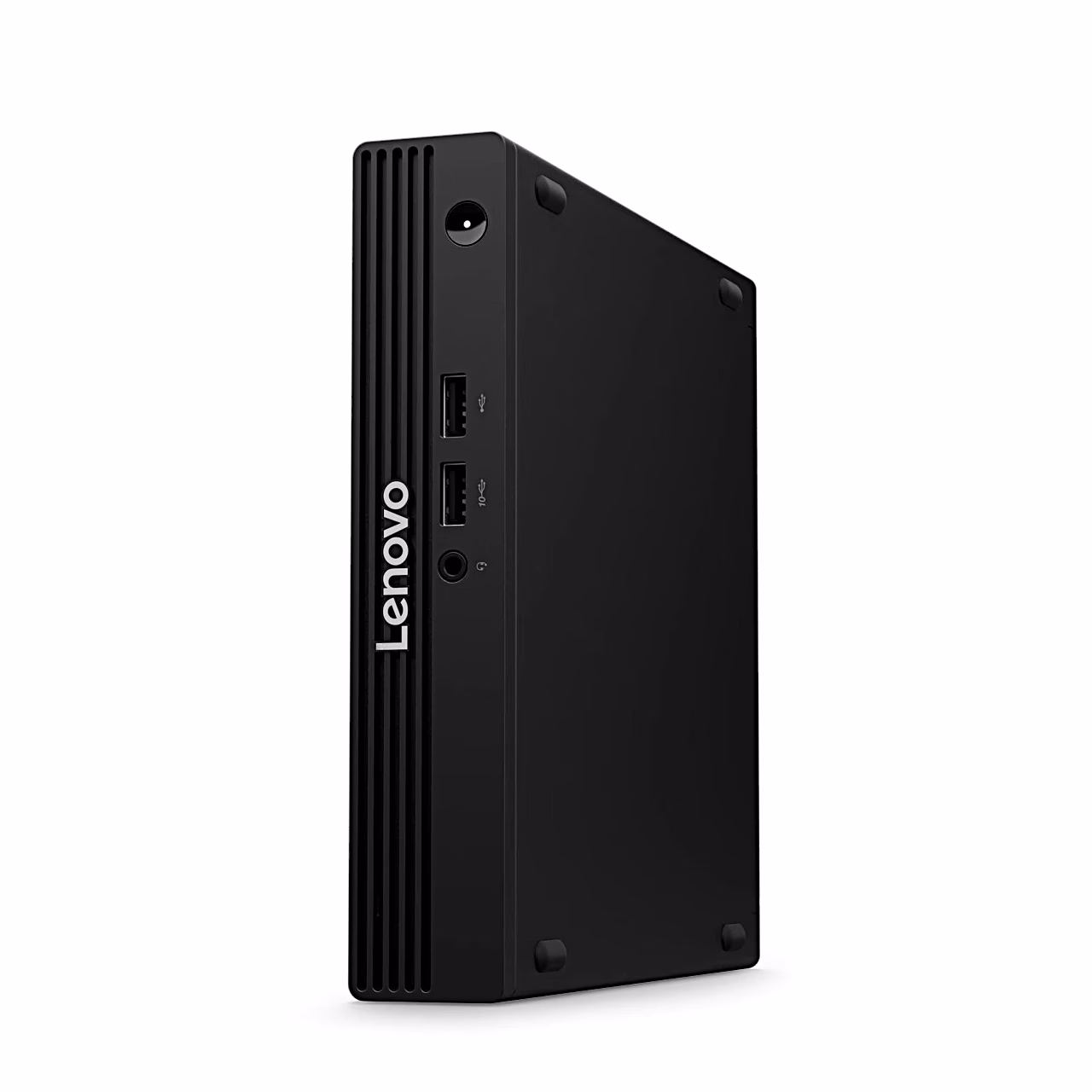 Miniarvuti Lenovo V105q püstiasendis, esikülg vasakul ja korpus paremale
