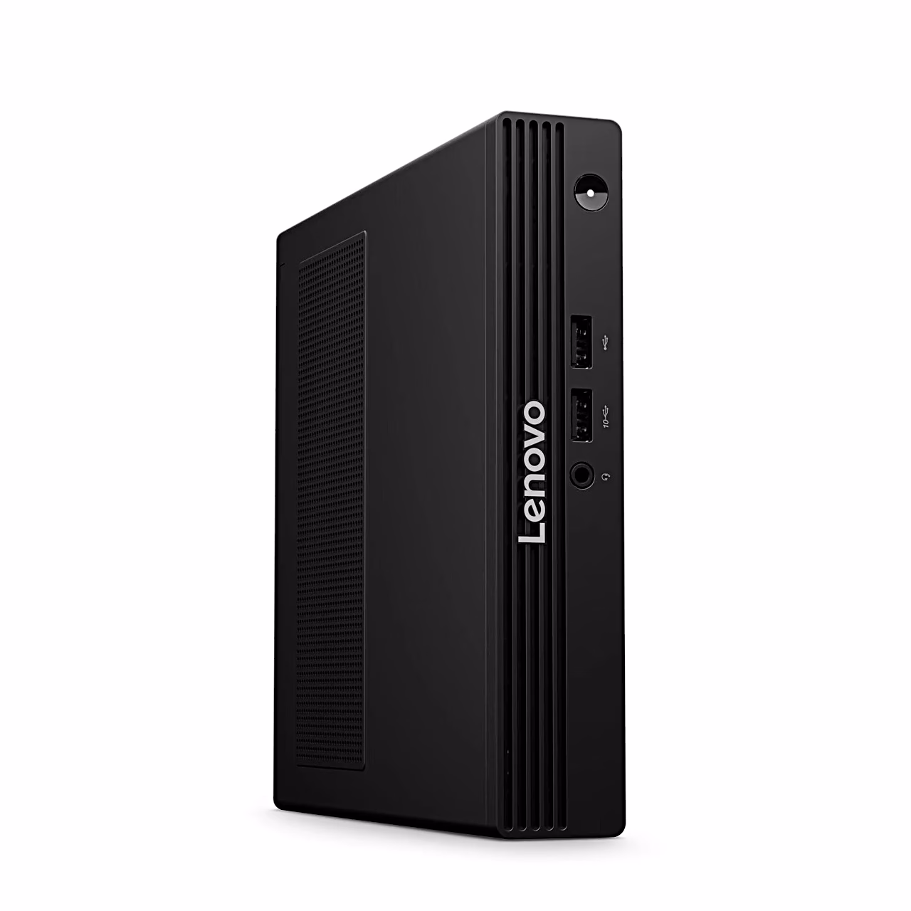 Must Lenovo V105q mini PC püsti, külje ventilatsioonivõre nähtaval