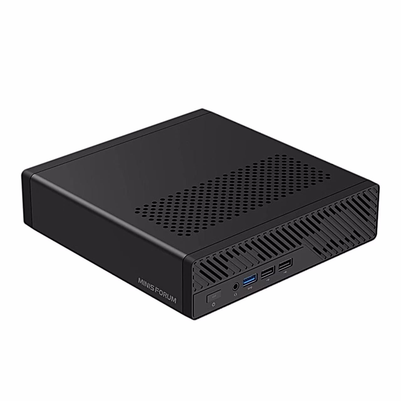 Miniarvuti Minisforum MS-03 must korpus esipaneeli USB-portidega nurga alt