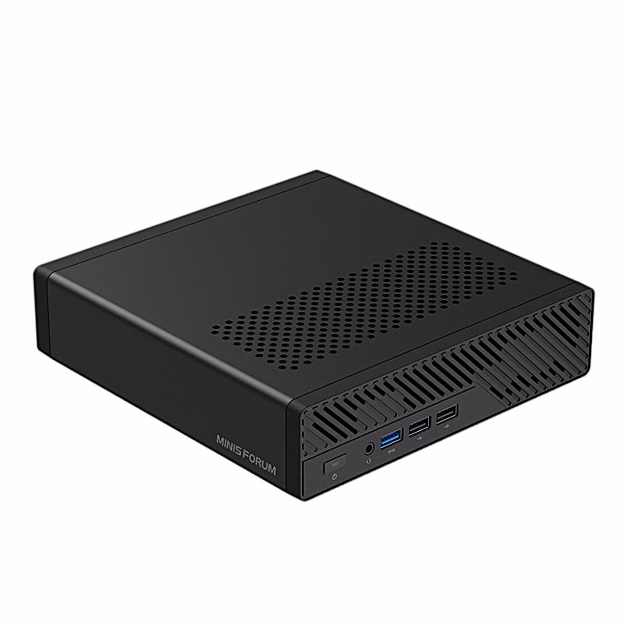 Minisforum MS-03 miniarvuti nurga alt, esipaneelil USB-pordid ja toitenupp
