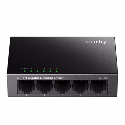 Cudy GS105 võrgulüliti esipaneel viie RJ45-pordi ja põlevate märgutuledega