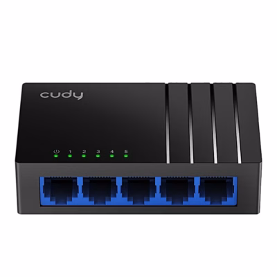 Cudy GS105D võrgulüliti esikülg viie sinise RJ45-pordi ja märgutuledega