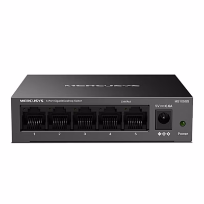 Mercusys MS105GS võrgulüliti esipaneel viie RJ45-pordi ja toitepesaga