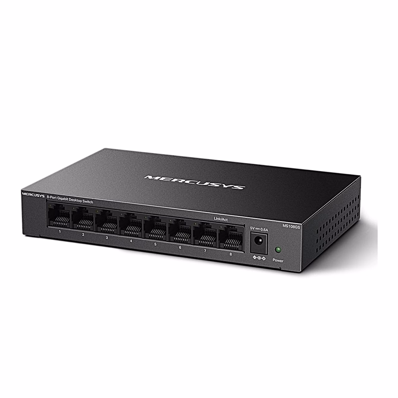 Mercusys MS108GS LAN switch nurga alt, pordid ja toitepesa esipaneelil