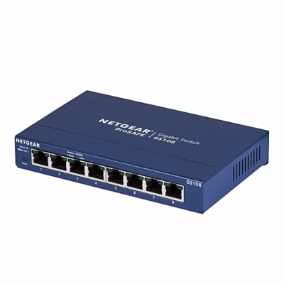 Sinine mittejuhitav võrgulüliti NETGEAR GS108GE nurga alt, kaheksa porti esiküljel