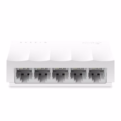 Valge võrgulüliti TP-Link LS1005 eestvaates viie RJ45-pordiga