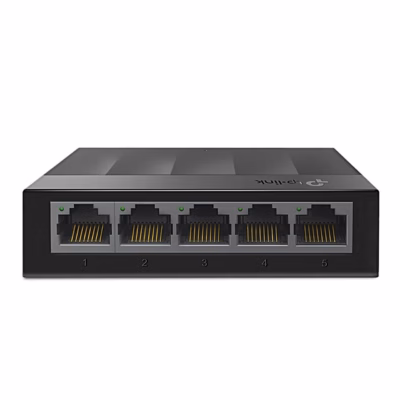 Must võrgulüliti TP-Link LS1005G eestvaates viie RJ45-pordiga