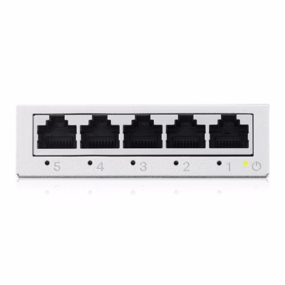 Mittejuhitav võrgulüliti Zyxel GS-105BV5 eestvaates, viis RJ45-porti ja märgutuled