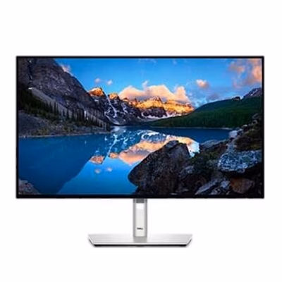 Dell UltraSharp U2724D monitor otse eest, ekraanil mägijärve vaade