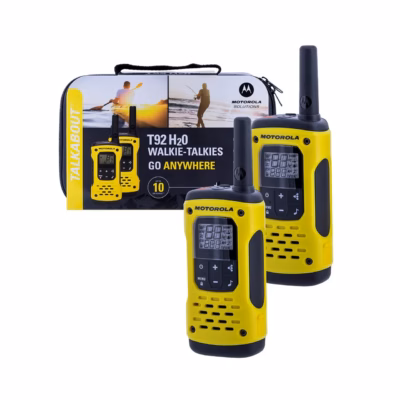 Motorola T92 H2O MOTO92H 16-kanaliline veekindel raadiosaatjate komplekt (2 tk, IP67, 10 km ulatus, must/kollane, NiMH akud, vööklambrid, reisikott)