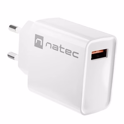 Natec Ribera NUC-2057 18W valge USB-A seinakontakti kiirlaadija (1 port, kiirlaadimise toega, AC 100-240V, 83x43x27 mm)