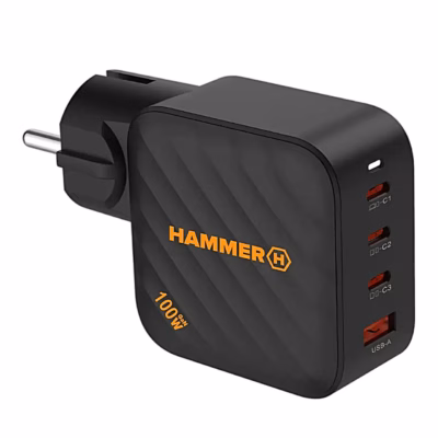 Must Hammer RapidCharge 100 W seinalaadija, kolm USB-C- ja üks USB-A-port