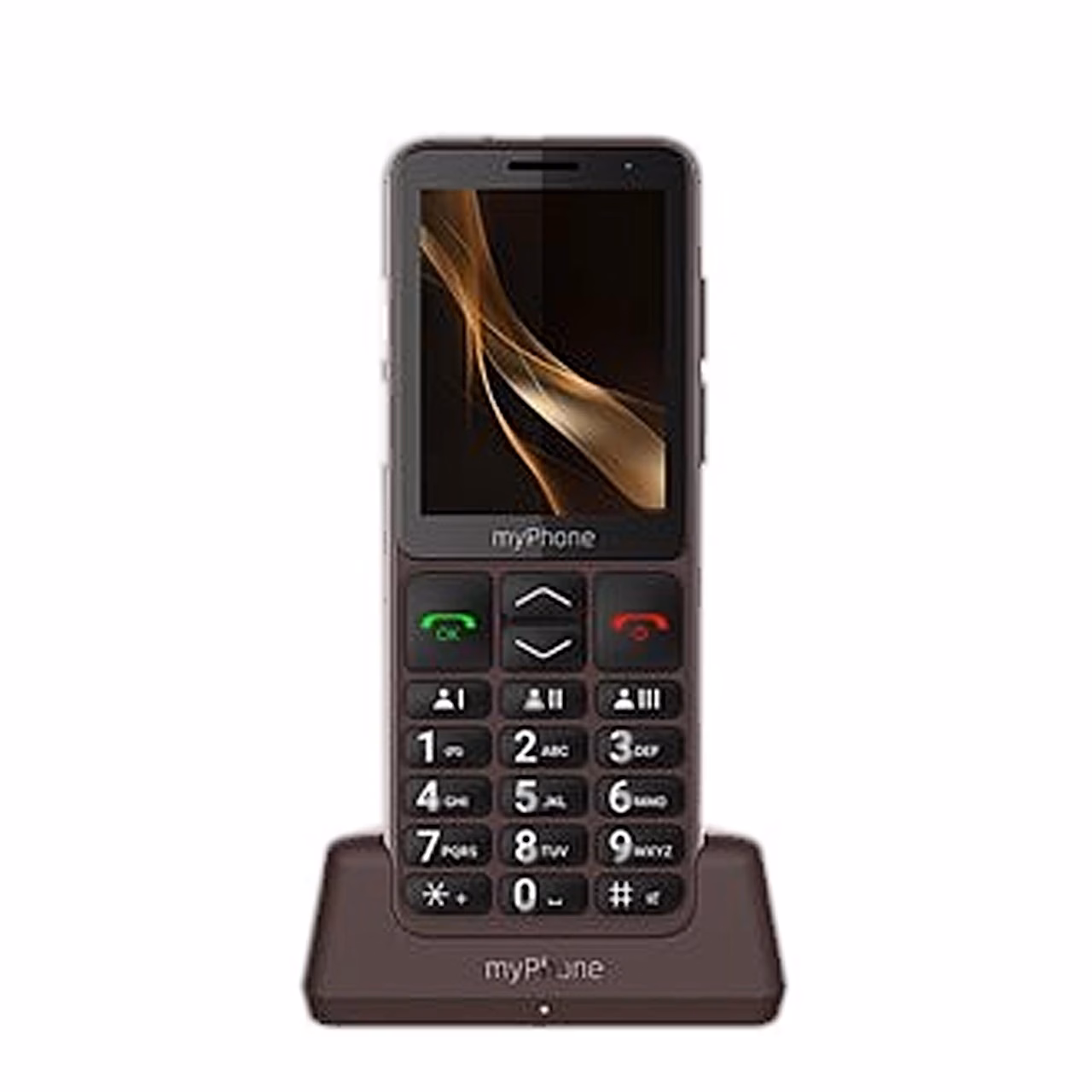 Pruun nuputelefon eakatele myPhone Bueno LTE Praline Collection laadimisalusel otse eest