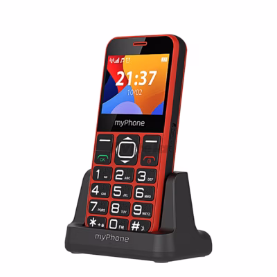 Punane nuputelefon myPhone Halo 3 laadimisalusel nurga alt