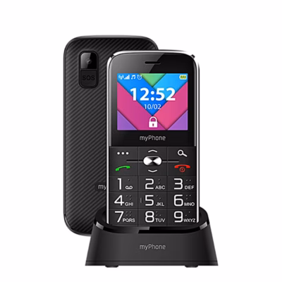 myPhone Halo C esikülg laadimisalusel ja tagakülg kaameraga selle taga