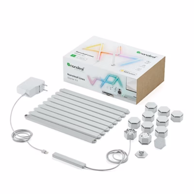 Nanoleaf Lines stardikomplekti karp, valgusliistud, kinnitusühendused ja toiteplokk