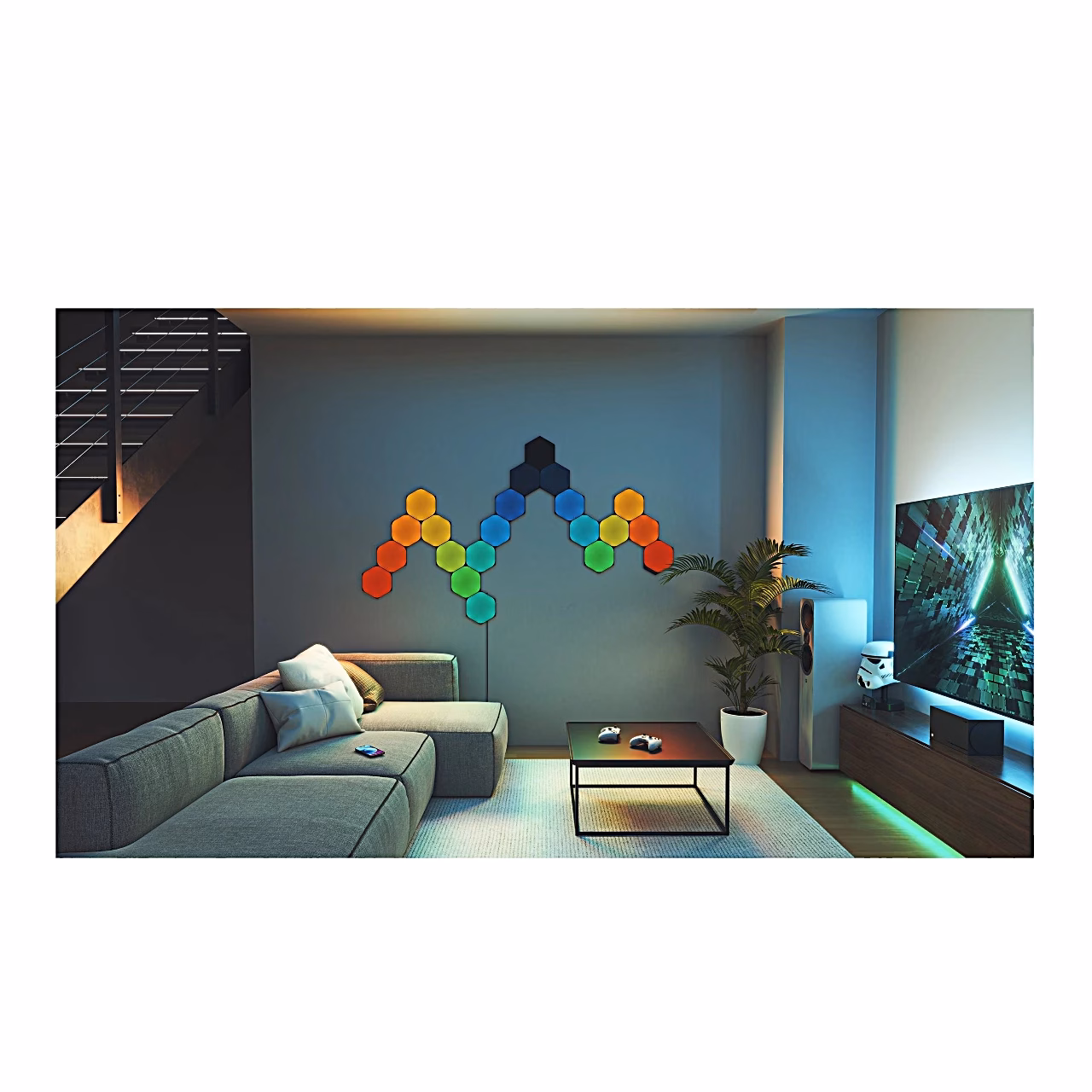 Pikk Nanoleaf Shapes kuusnurkade rida elutoas vikerkaarevärvides