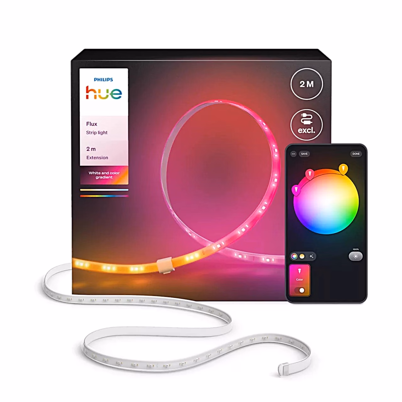 Philips Hue Flux 2 m pikenduse karp, valgusriba ja nutitelefonis Hue rakenduse värviratas