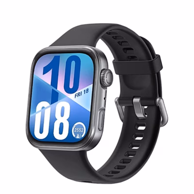 Must nutikell HUAWEI WATCH FIT 4 kolmveerandvaates, ekraanil kellaaeg ja kuupäev