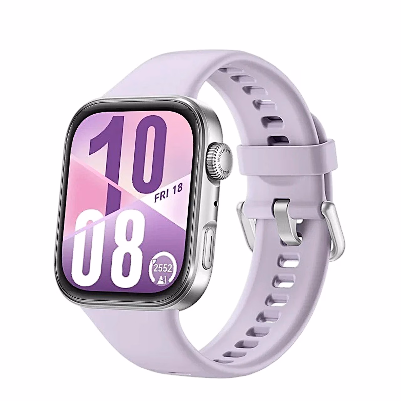 Lilla rihmaga spordikell HUAWEI WATCH FIT 4 nurga alt, ekraanil kellaaeg