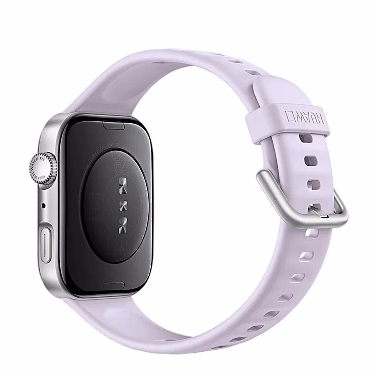 Nutikella HUAWEI WATCH FIT 4 tagakülg optilise pulsianduri ja lilla rihmaga