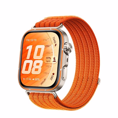 Nutikell HUAWEI WATCH FIT 5 Pro oranži punutud nailonrihmaga, vaade nurga alt