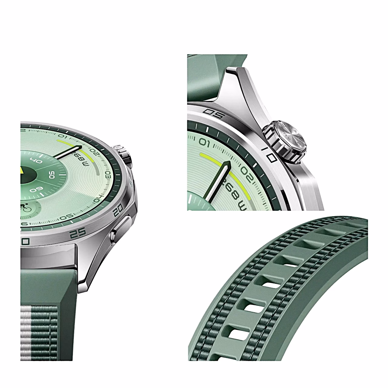 HUAWEI WATCH GT 6 detailid: nupp, korpuse serv ja rihma muster