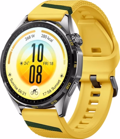 Nutikell HUAWEI WATCH GT 7 46 mm kollase rihmaga, ekraanil kellaaeg ja päikesetõus
